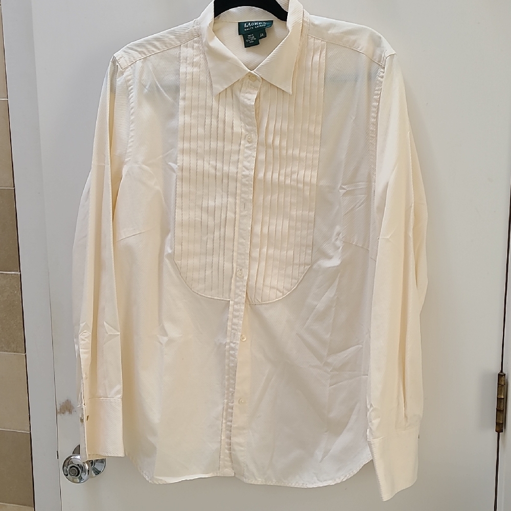 Ralph Lauren Cream Cotton Pleated Bib Front Womens' Tuxedo Shirt